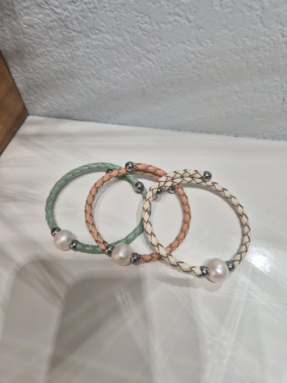 Faux Leather Pearl Bracelet - Green, Peach & Cream